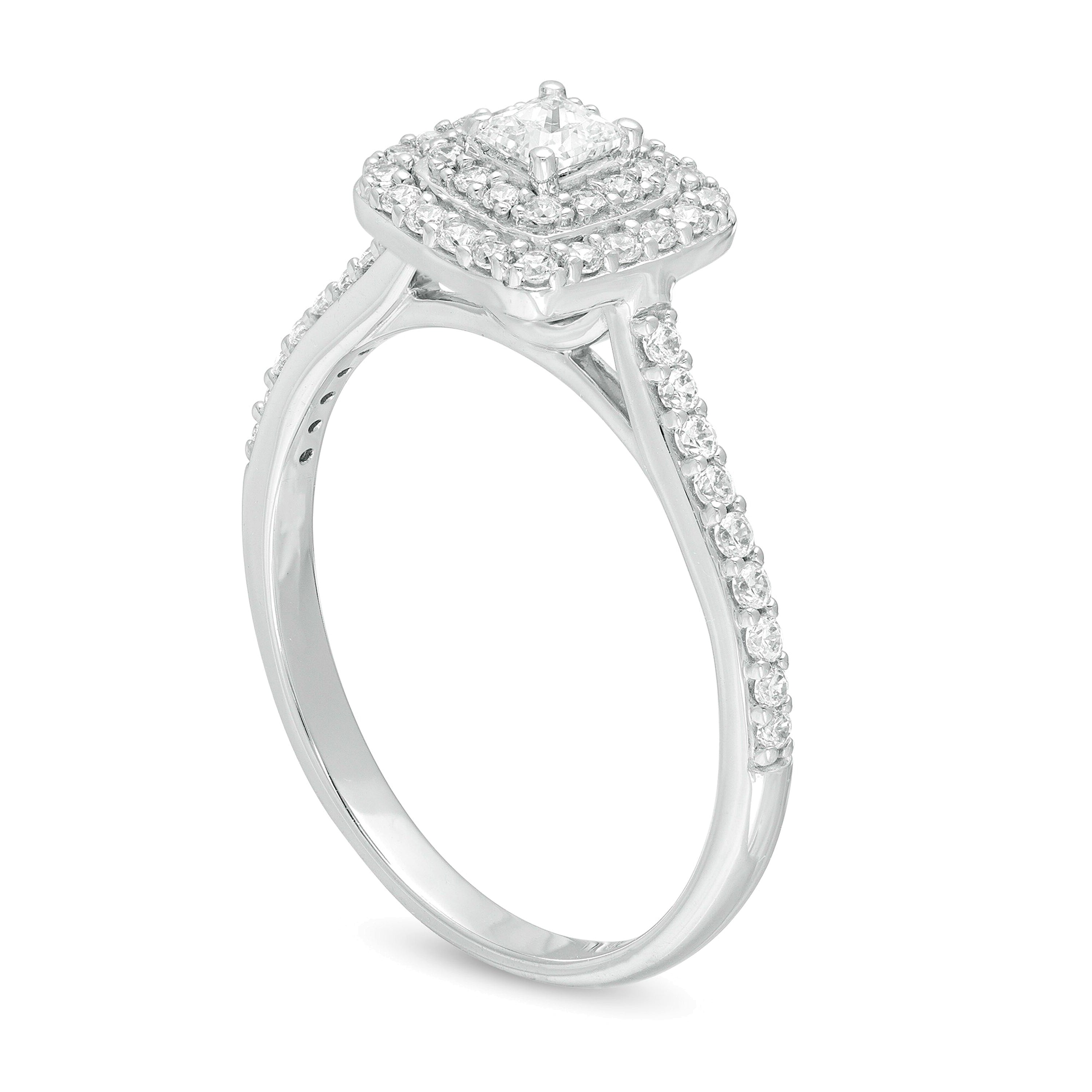 0.5 ct. Gesamtgewicht Verlobungsring mit Diamanten im Princess- und Rundschliff, Halo-Design, in 10K Weißgold