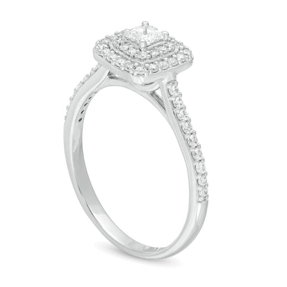 0.5 ct. Gesamtgewicht Verlobungsring mit Diamanten im Princess- und Rundschliff, Halo-Design, in 10K Weißgold