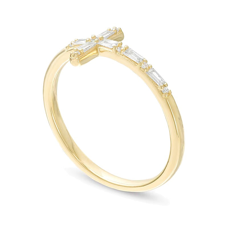 0.17 ct. Gesamtgewicht Diamant-Cross-Ring mit Baguette- und rundem Schliff in 10K Gelbgold