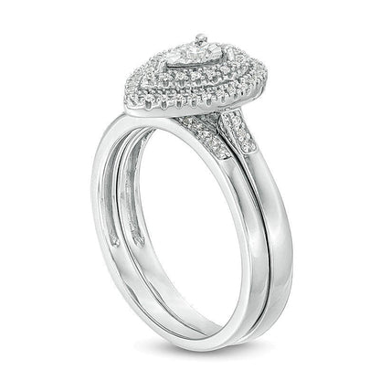 0,25 ct. Gesamtgewicht Diamant Brautset mit doppeltem tropfenförmigem Rahmen in rhodiniertem Sterlingsilber