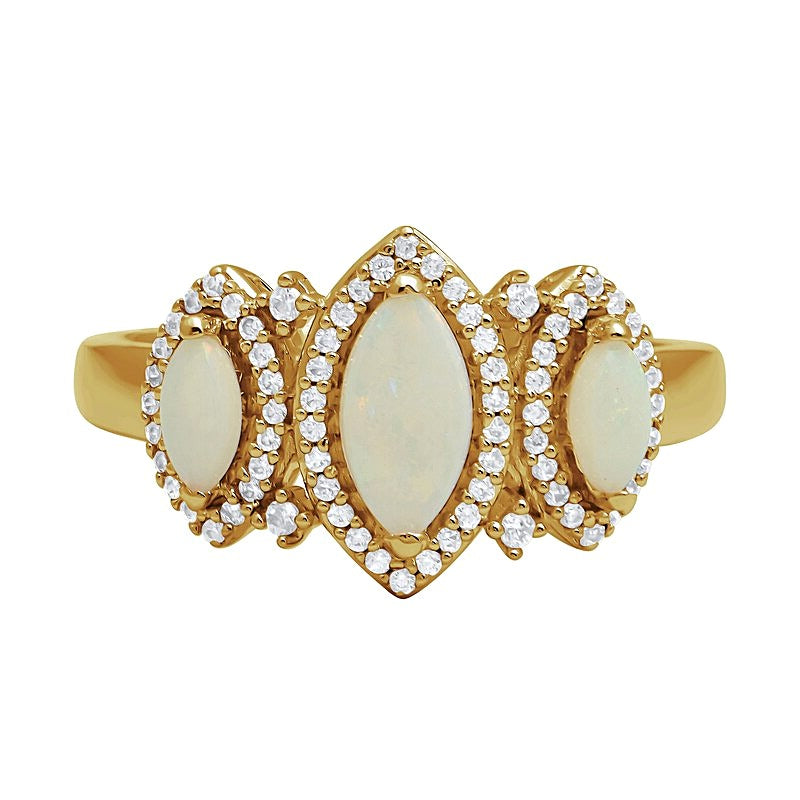 Dreistein-Ring mit Labor-Opal im Marquise-Schliff und 0.2 ct. Gesamtgewicht Diamanten in 10K Gelbgold