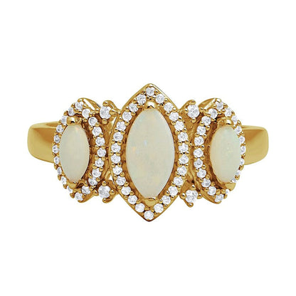 Dreistein-Ring mit Labor-Opal im Marquise-Schliff und 0.2 ct. Gesamtgewicht Diamanten in 10K Gelbgold
