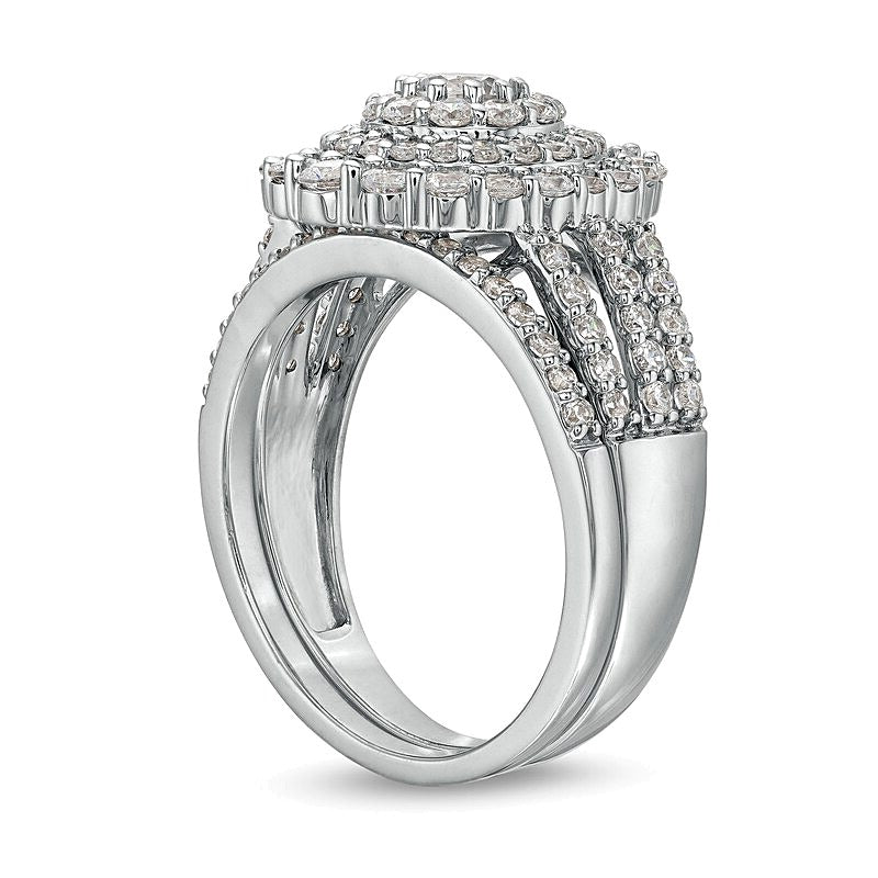 Diamant-Brautset mit dreireihigem Scallop-Rahmen 1.5 ct. Gesamtgewicht in 10K Weißgold