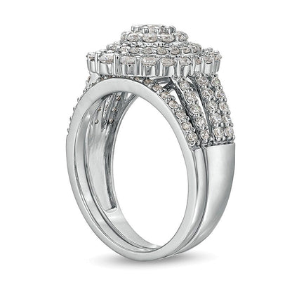 Diamant-Brautset mit dreireihigem Scallop-Rahmen 1.5 ct. Gesamtgewicht in 10K Weißgold