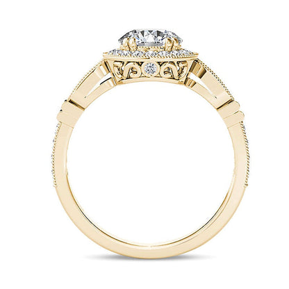 1,2 ct. Gesamtgewicht Diamant Halo Verlobungsring im Vintage-Stil in 14K Gelbgold