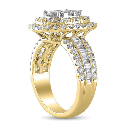 2.5 CT. Gesamtgewicht Verlobungsring mit ovalem Multi-Diamant-Besatz und doppeltem Rahmen in 10K Gelbgold