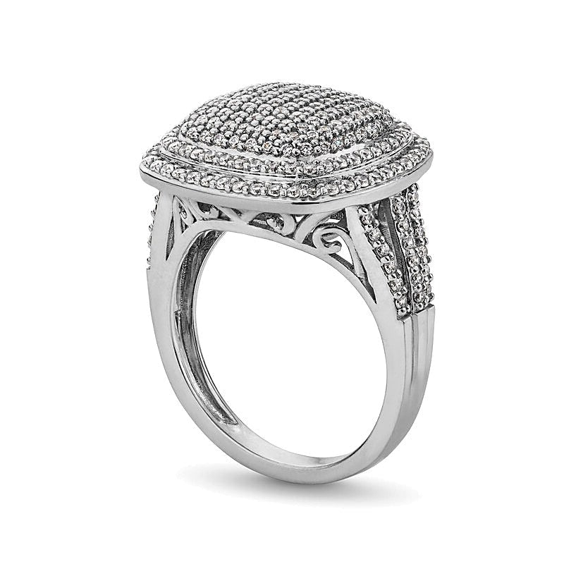 1.0 ct. Gesamtgewicht Fashion-Ring mit Diamanten im Kissenschliff und rund, doppelter Halo und geteilter Schiene, 10K Weißgold