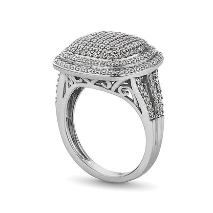 1.0 ct. Gesamtgewicht Fashion-Ring mit Diamanten im Kissenschliff und rund, doppelter Halo und geteilter Schiene, 10K Weißgold
