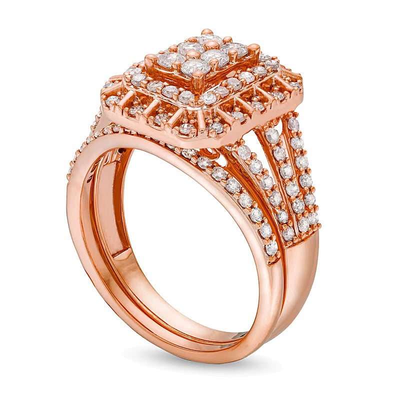 Braut-Set 1.0 ct. Gesamtgewicht mit Smaragd und mehreren Diamanten, dreireihig mit geteiltem Ringschienenschaft, in 10K Roségold
