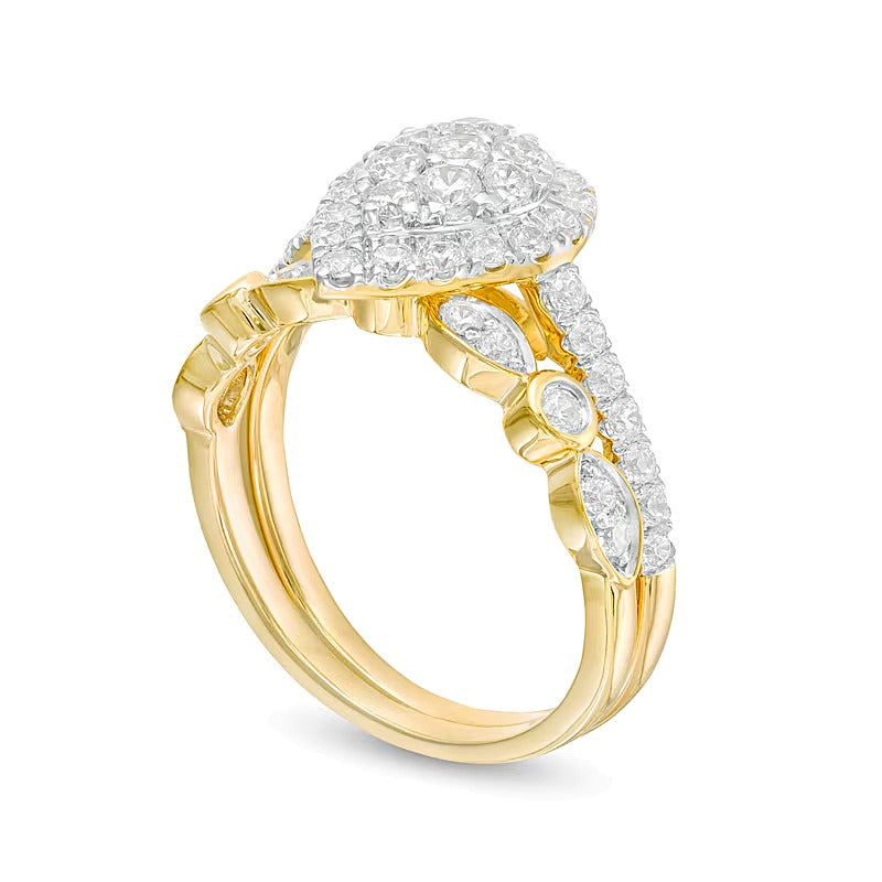 1.0 ct. Gesamtgewicht Komposit tropfenförmiges Diamant-Brautset im Art-déco-Stil in 10K Gelbgold