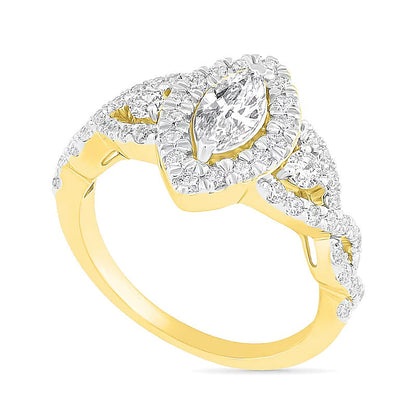 1.5 ct. Gesamtgewicht Brautset mit Diamanten im Marquise- und Rundschliff in 10K Gelbgold