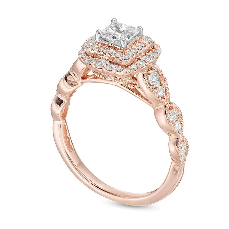 0.88 ct. Gesamtgewicht Verlobungsring Halo mit weißen Diamanten im Princess- und Rundschliff in 10K Roségold