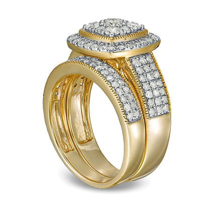 Braut-Set mit weißen Diamanten in Rund und Kissenschliff, 1,33 ct. Gesamtgewicht, im Vintage-Stil, mehrreihig, aus 10K Gelbgold für Damen