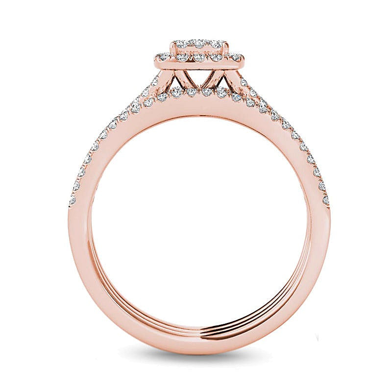 0.75 ct. Gesamtgewicht Komposit-Diamant Brautset mit Kissenschliff-Rahmen, dreiteilig, in 14K Roségold