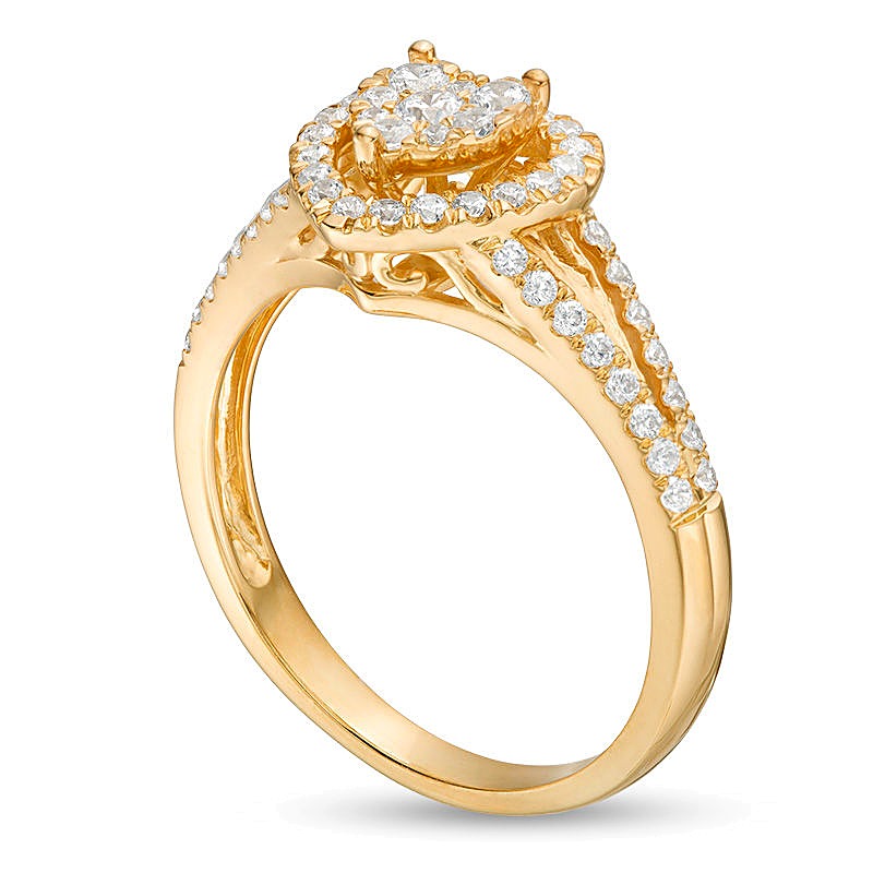 0.5 ct. Gesamtgewicht Komposit-Diamant Verlobungsring mit Herz-Rahmen und geteiltem Ring in 10K Gelbgold
