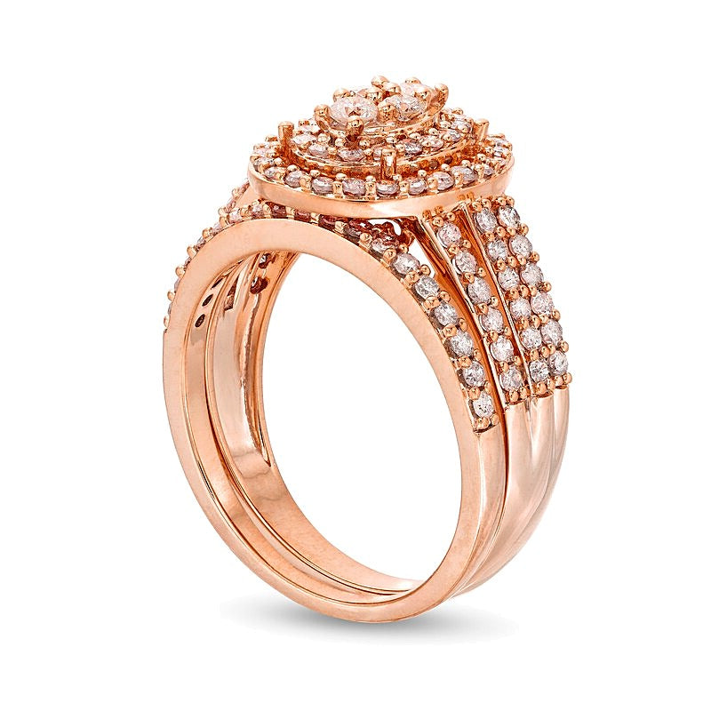 Braut-Set mit Diamanten im ovalen und runden Schliff, dreireihig mit geteiltem Ringschienen-Design in 10K Roségold, 1.0 ct. Gesamtgewicht