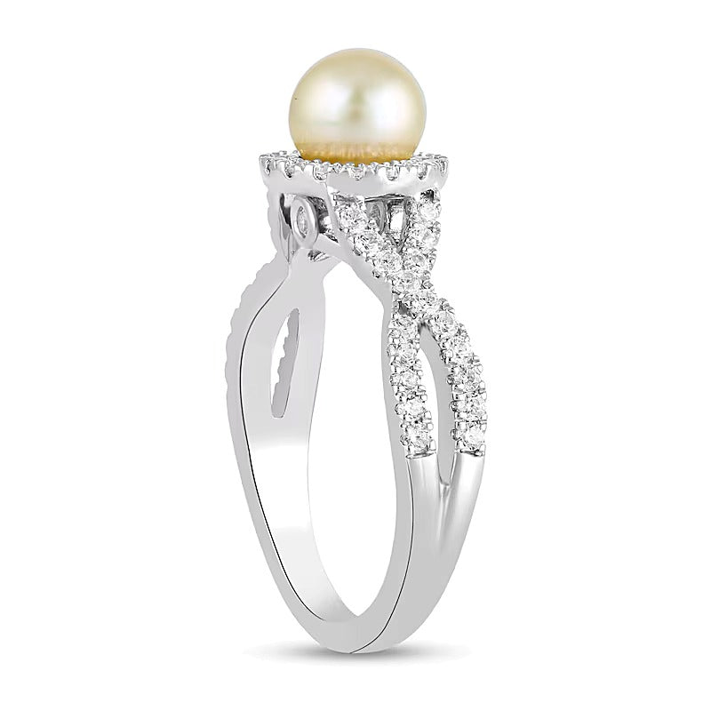 6,0 mm rosa Süßwasser-Zuchtperle und 0,5 ct. Gesamtgewicht Labordiamant Ring mit Crossover-Schiene und Halo-Fassung in 14K Weißgold