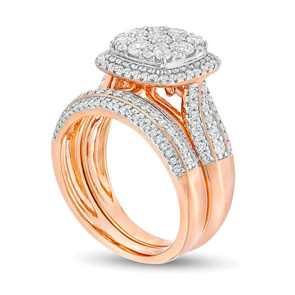 Brautset mit Diamanten im Kissenschliff-Komposit, mehrreihig, 1.5 ct. Gesamtgewicht in 10K Roségold