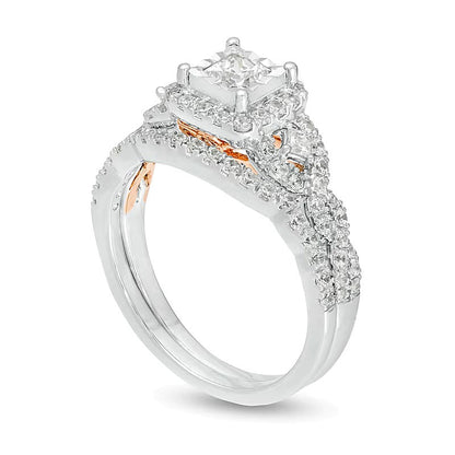 1.0 CT. TW Braut-Set mit Diamanten im Princess- und Rundschliff und gedrehter Ringschiene in 10K Bicolor-Gold