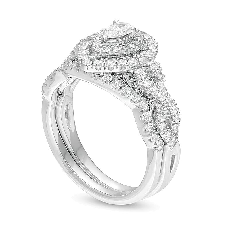 Braut-Set mit Diamanten im Tropfen- und Rundschliff 1.0 CT. Gesamtgewicht, doppelter Halo und gedrehter Schiene, 14K Weißgold