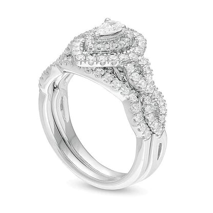 Braut-Set mit Diamanten im Tropfen- und Rundschliff 1.0 CT. Gesamtgewicht, doppelter Halo und gedrehter Schiene, 14K Weißgold