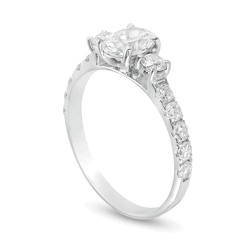 Dreistein-Verlobungsring mit Diamanten in Oval- und Rundschliff 1.33 ct. Gesamtgewicht in 14K Weißgold