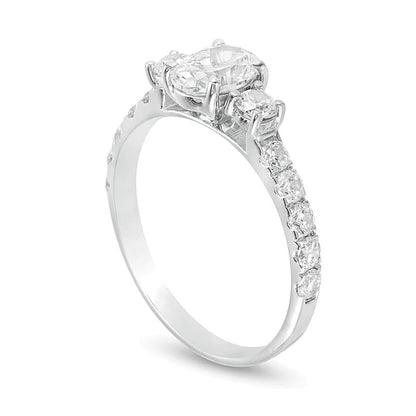 Dreistein-Verlobungsring mit Diamanten in Oval- und Rundschliff 1.33 ct. Gesamtgewicht in 14K Weißgold