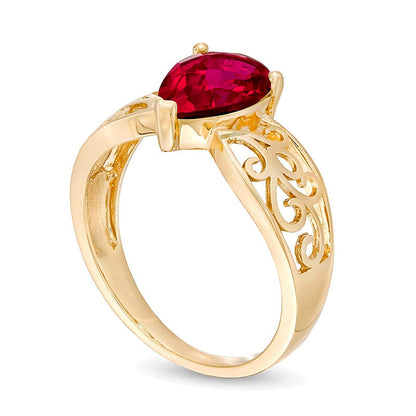 Fashion-Ring mit tropfenförmigem Labor-Rubin in 10K Gelbgold