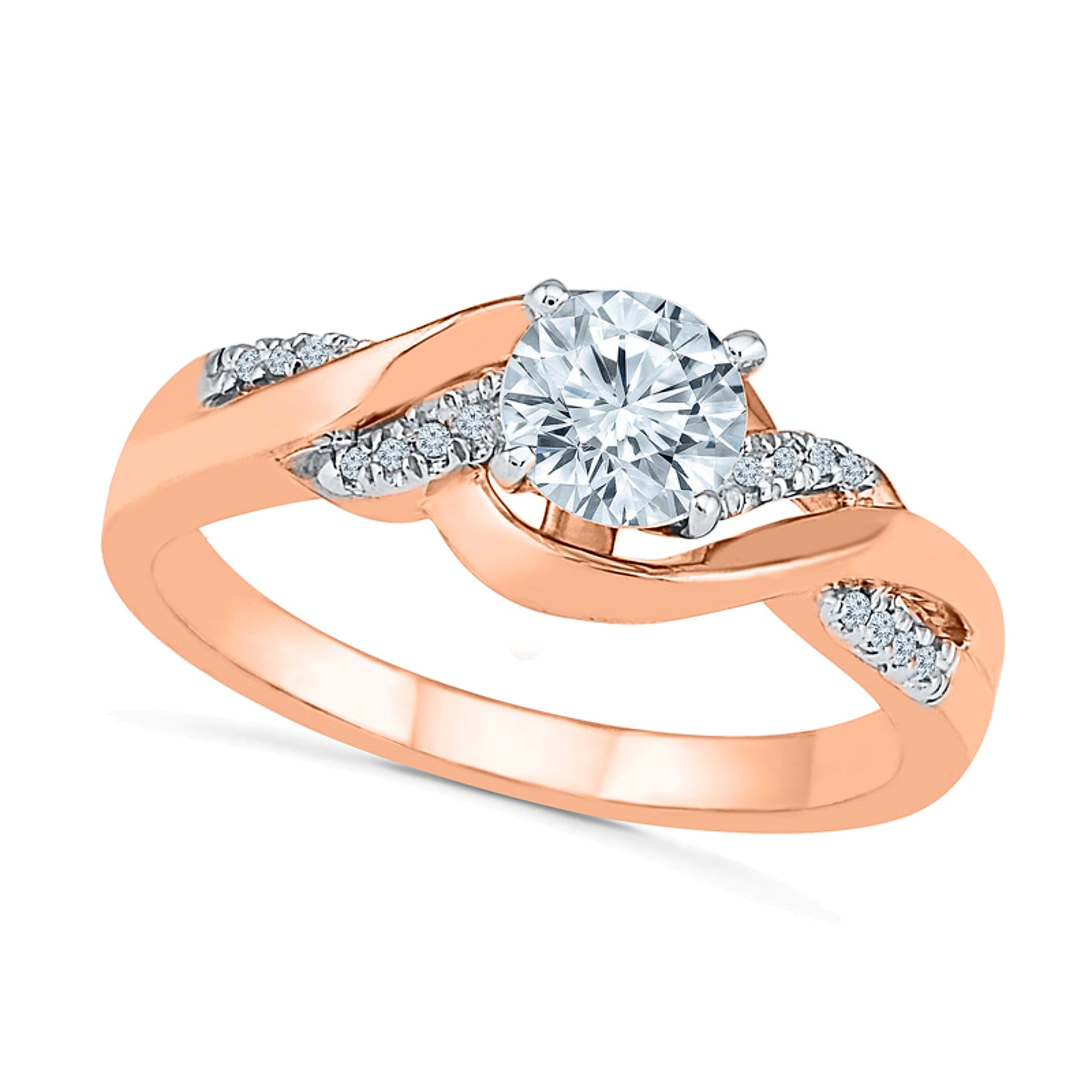 Verlobungsring mit im Labor gezüchtetem weißen Saphir und 0,1 ct. Gesamtgewicht Diamanten im Twist-Design in 10K Roségold