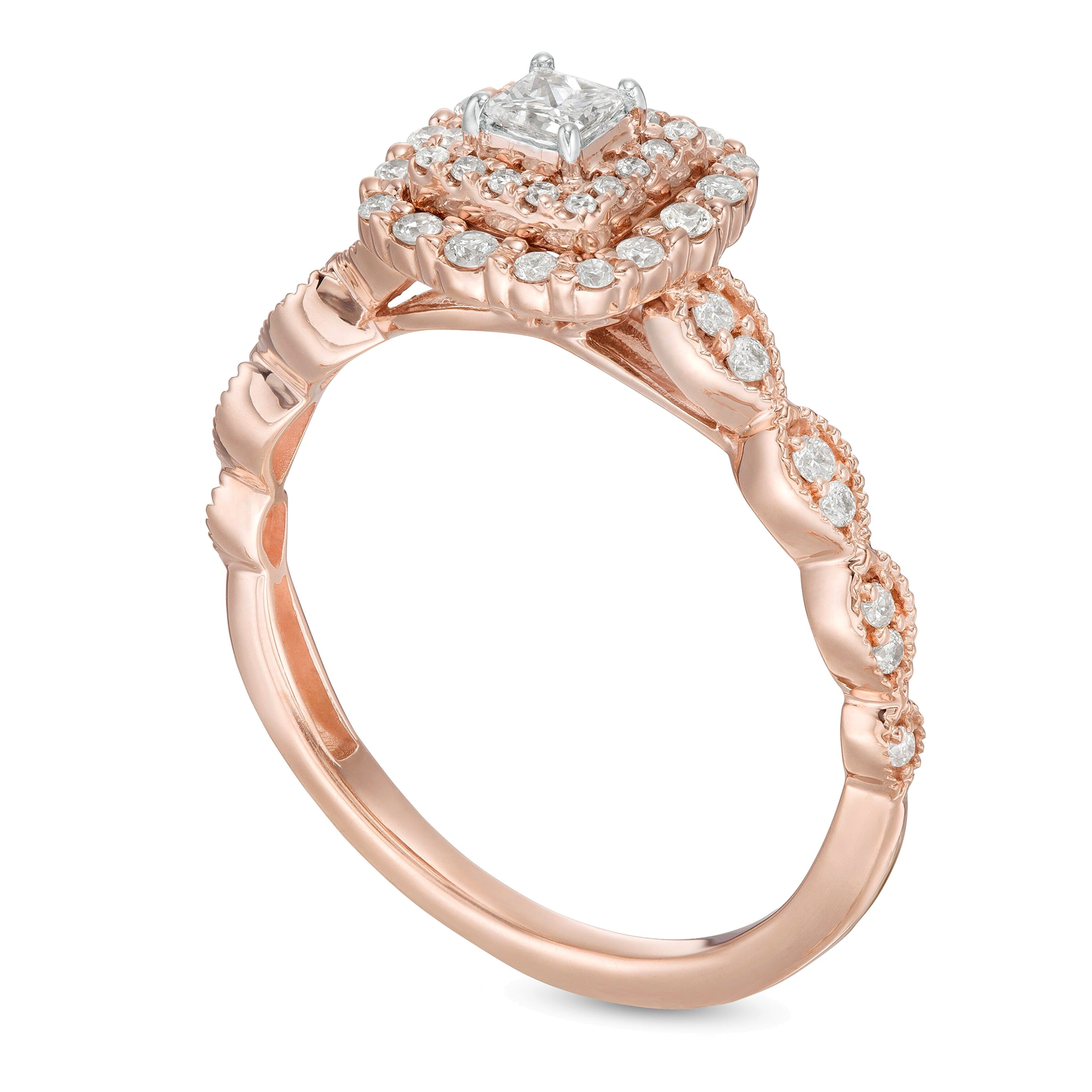 0.38 ct. Gesamtgewicht Halo-Verlobungsring mit Diamanten im Princess- und Rundschliff im Art-déco-Vintage-Stil in 10K Roségold