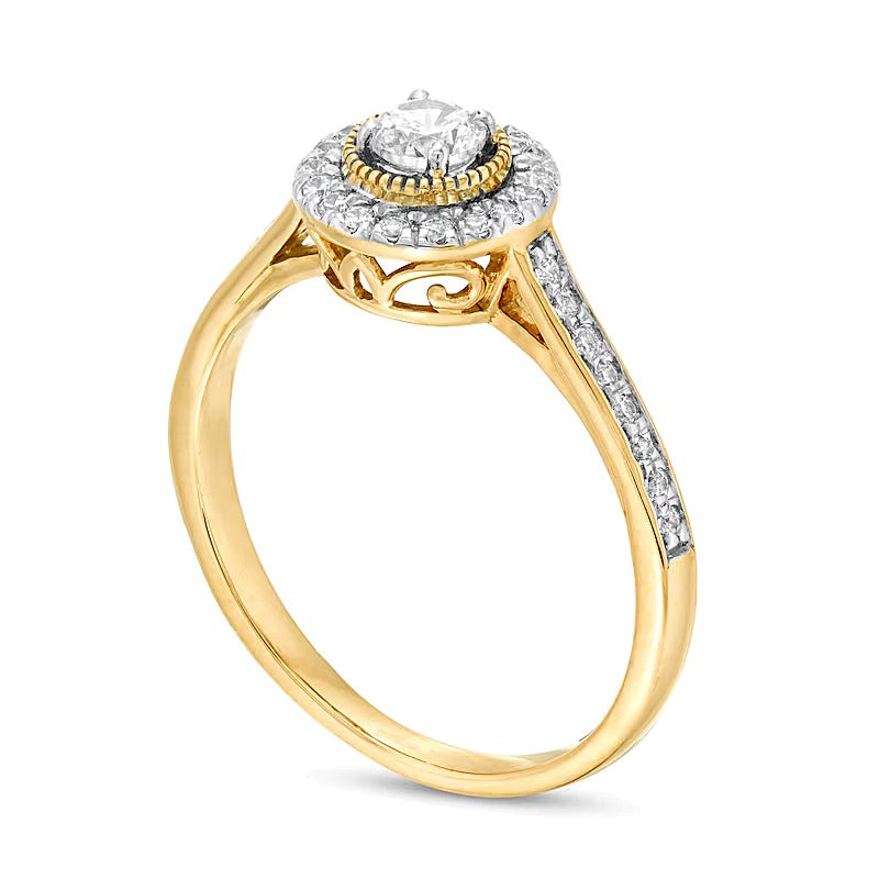0.33 ct. Gesamtgewicht Diamant Halo Verlobungsring im Vintage-Stil in 10K Gelbgold