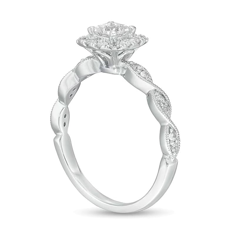Verlobungsring im Vintage-Stil 0,63 ct. Gesamtgewicht mit Diamanten im Princess-, rund- und Kissenschliff in 14K Weißgold (I/I2)