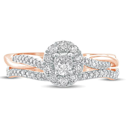 0,5 ct. Gesamtgewicht Braut-Set mit ovalem Diamant, Halo und gedrehter Ringschiene in 10K Roségold