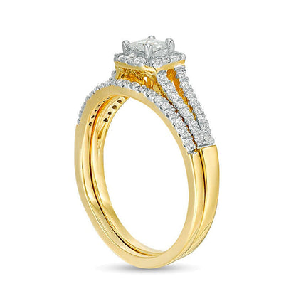0.33 ct. Gesamtgewicht Brautset mit Diamanten im Princess- und Rundschliff in 10K Gelbgold