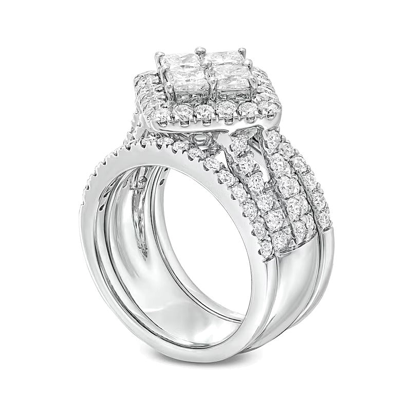 Braut-Set 3.0 ct. Gesamtgewicht mit Princess-Diamanten in quadratischem Rahmen, Dreiteilig, 14K Weißgold