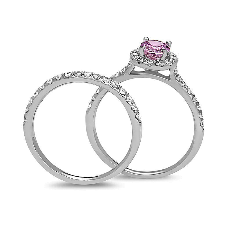 Braut-Set mit ovalem rosa Saphir und Diamant 0,63 ct. Gesamtgewicht in 14K Weißgold