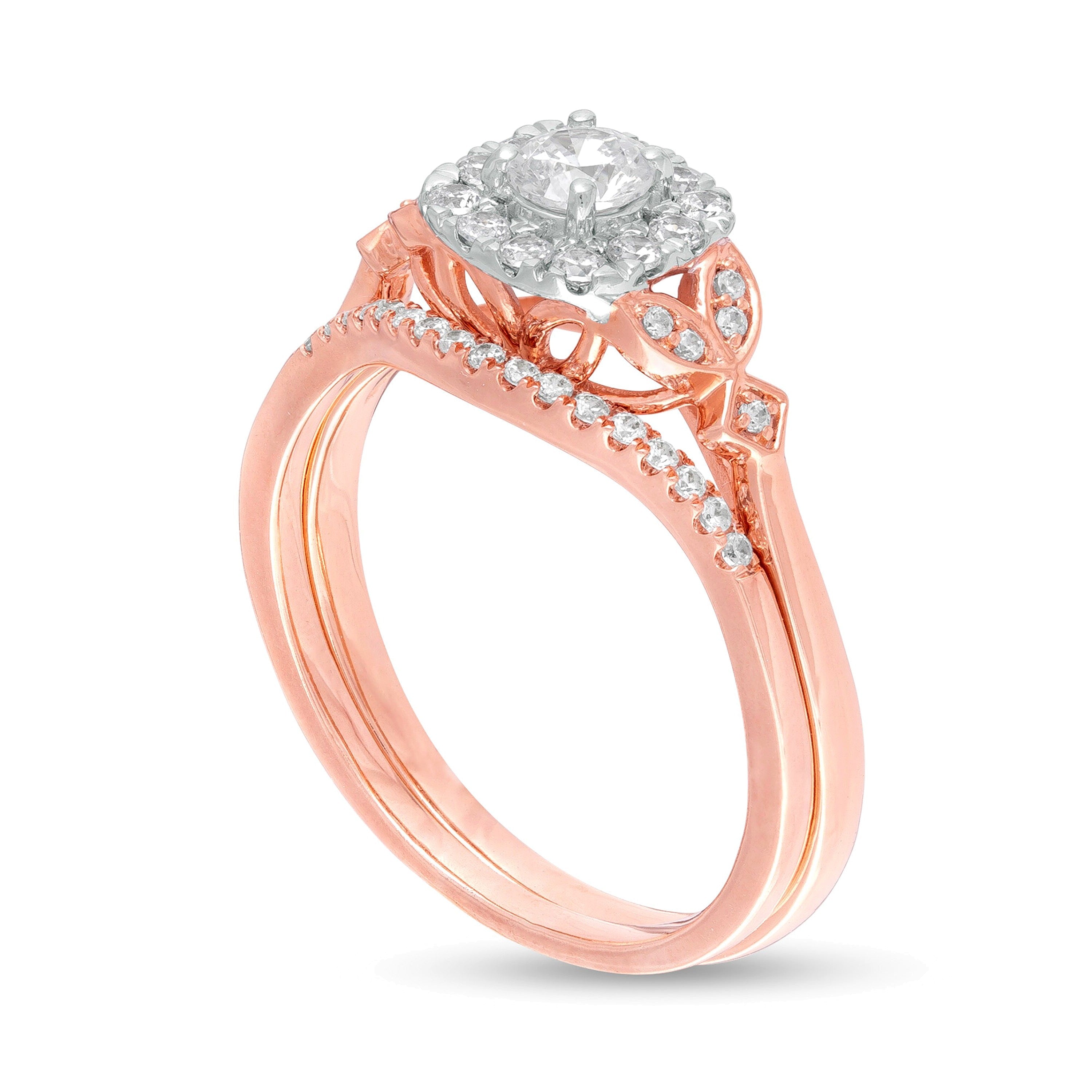 Brautset mit Diamanten 0.5 ct. Gesamtgewicht, rund & Kissenschliff, in 10K Roségold