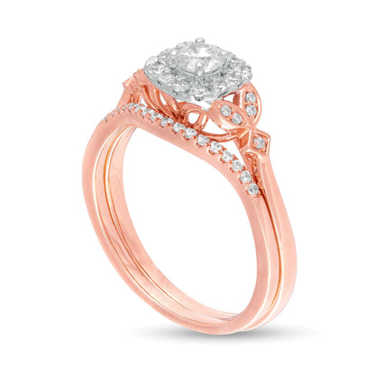 Brautset mit Diamanten 0.5 ct. Gesamtgewicht, rund & Kissenschliff, in 10K Roségold