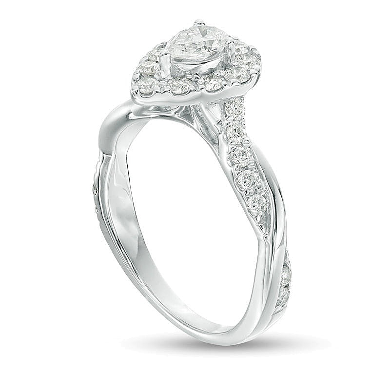 0.88 ct. Gesamtgewicht Verlobungsring mit tropfenförmigem Diamant und Halo mit gedrehter Ringschiene in 10K Weißgold