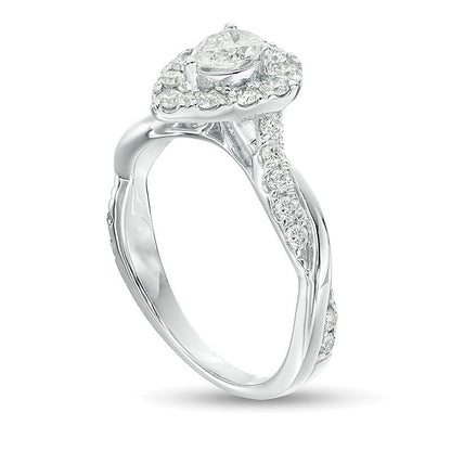 0.88 ct. Gesamtgewicht Verlobungsring mit tropfenförmigem Diamant und Halo mit gedrehter Ringschiene in 10K Weißgold