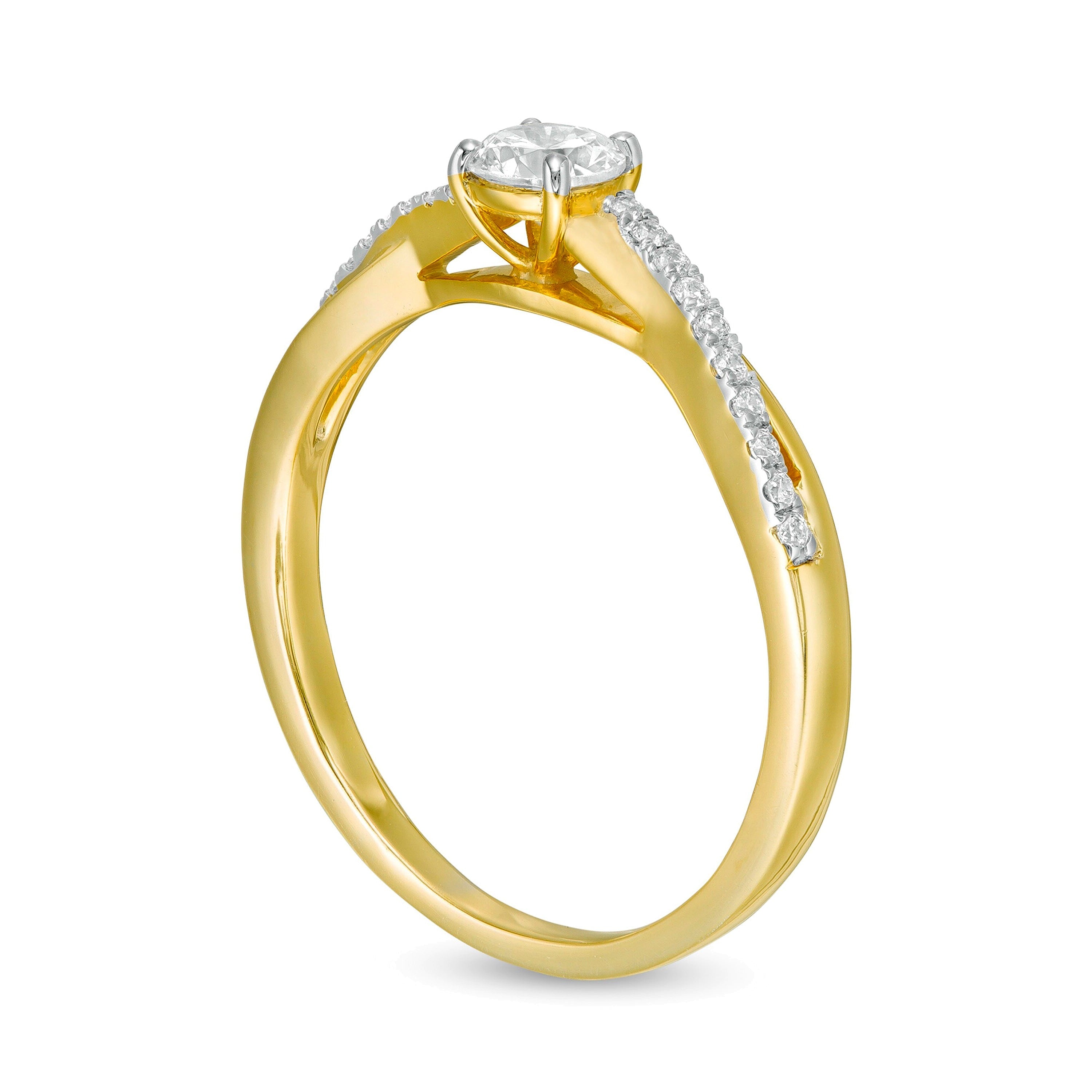 Verlobungsring mit gedrehter Ringschiene 0,33 ct. Gesamtgewicht Diamant, Solitär mit seitlichem Besatz, in 10K Gelbgold