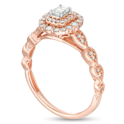 0,38 ct. Gesamtgewicht Verlobungsring im Art-déco-Vintage-Stil mit Diamant im Smaragdschliff und doppeltem Rahmen in 10K Roségold