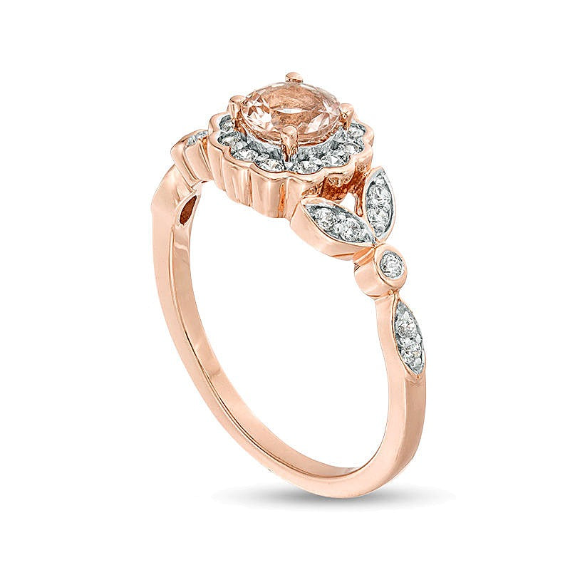 5,0mm Morganit und 0,2 ct. Gesamtgewicht Diamant Fashion-Ring mit Blütenrahmen und Blatt-Ringschiene in 10K Roségold