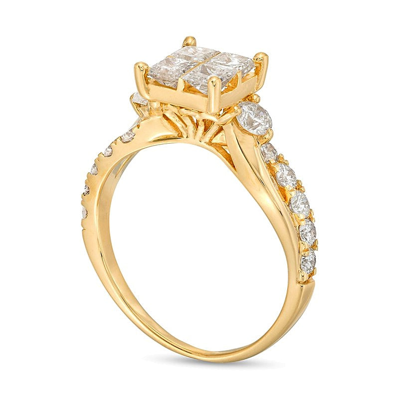 1.5 ct. Gesamtgewicht Verlobungsring mit Diamanten im Princess- und Rundschliff und gedrehter Ringschiene in 14K Gelbgold