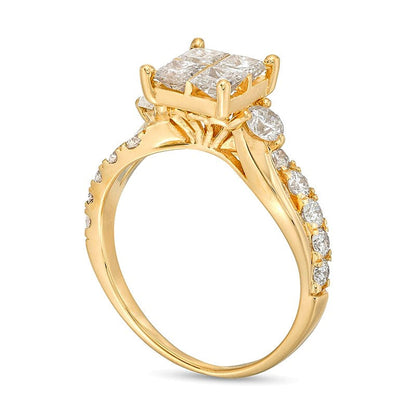 1.5 ct. Gesamtgewicht Verlobungsring mit Diamanten im Princess- und Rundschliff und gedrehter Ringschiene in 14K Gelbgold