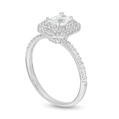 Verlobungsring im Smaragdschliff mit doppeltem oktogonalem Halo, 0,75 ct. Gesamtgewicht Diamant, 14K Weißgold