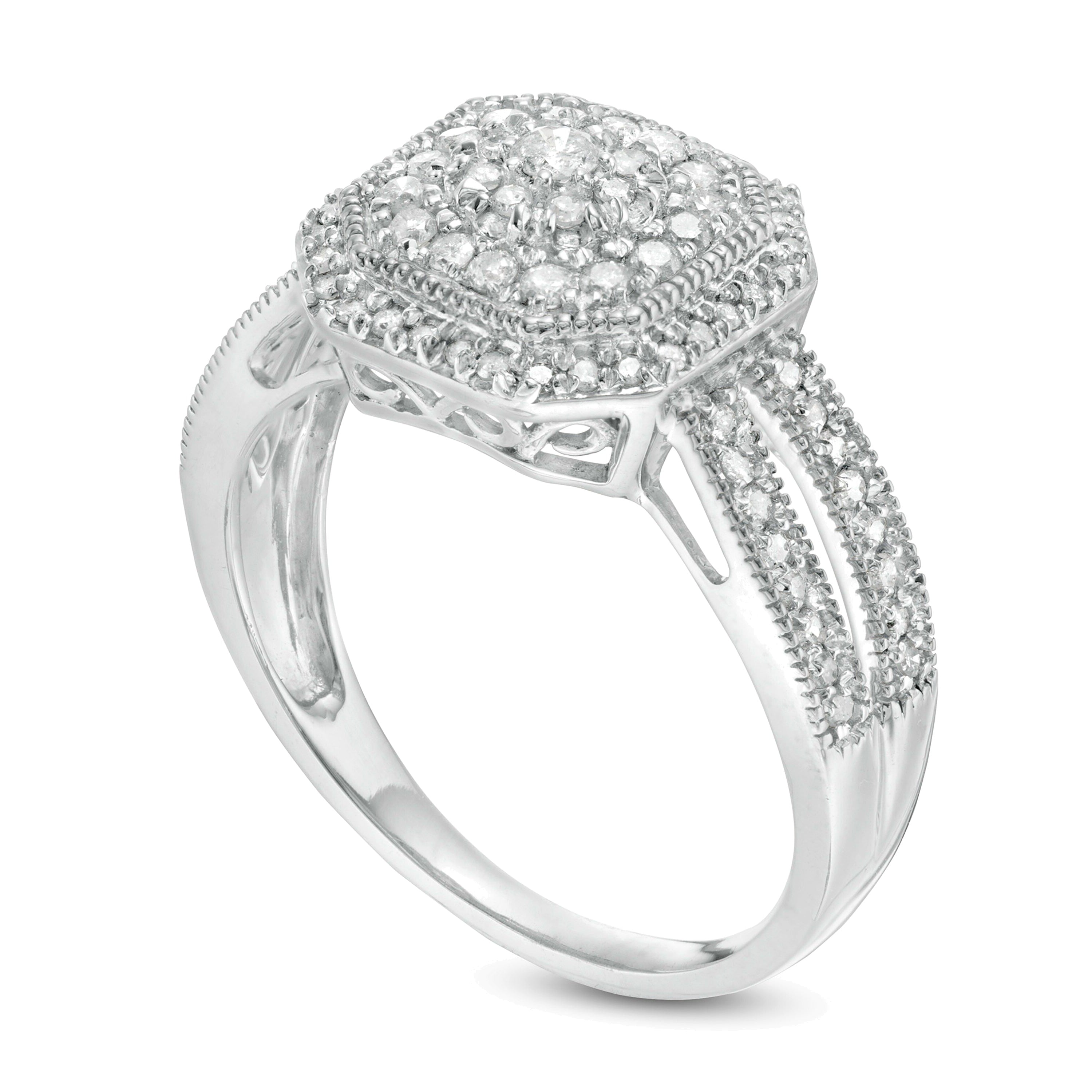 0.5 ct. Gesamtgewicht Komposit-Verlobungsring mit Diamanten, achteckigem Rahmen im Vintage-Stil und geteilter Schiene in 10K Weißgold