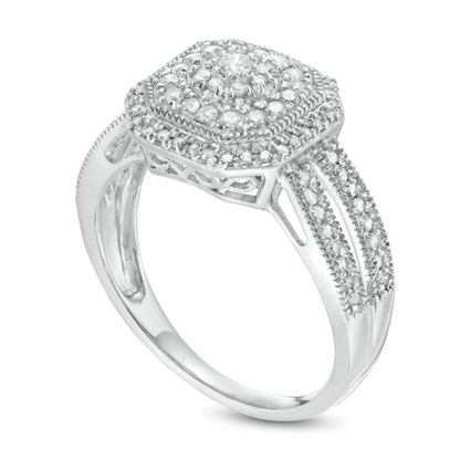0.5 ct. Gesamtgewicht Komposit-Verlobungsring mit Diamanten, achteckigem Rahmen im Vintage-Stil und geteilter Schiene in 10K Weißgold