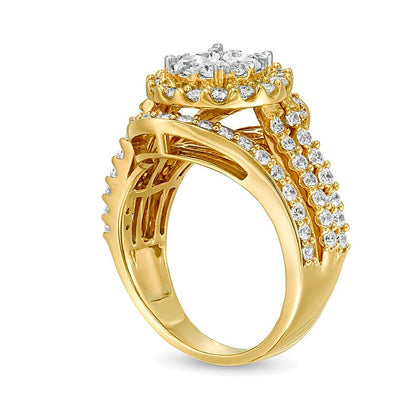 2.0 ct. Gesamtgewicht Komposit-Diamant Bypass mehrreihiger Verlobungsring mit geteiltem Ringschienen-Design in 10K Gelbgold