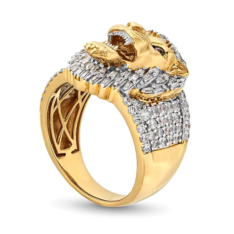 Löwenkopf-Ring mit Diamanten im Baguette- und Rundschliff sowie Labor-Rubinen in 10K Gelbgold, 1.5 ct. Gesamtgewicht